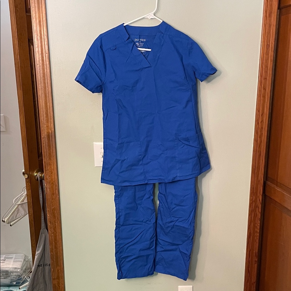 Jaanuu Navy Blue Scrub Top with Gold Print